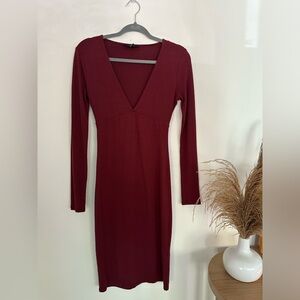 Long Sleeve Deep V-Neck Dress-M